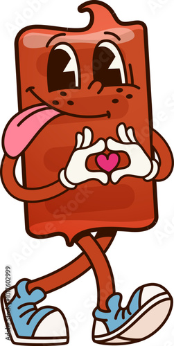 Groovy toffee candy character. Isolated cartoon vector playful pastry personage with a happy expression, sticking out its tongue, and forming a heart with its hands, conveys fun, love, and sweetness