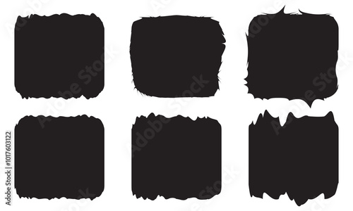 Set of black grunge rectangle frames with jagged edges. Geometric rectangular form of old torn paper pieces or shred black sheets. Ripped edge texture .  isolated on white and black background. EPS 10