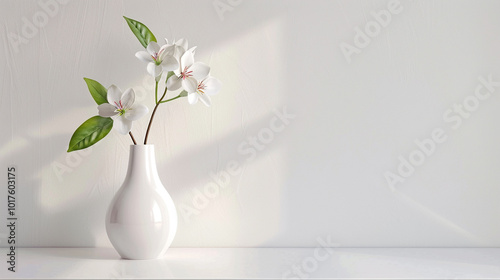 White background ceramic vase with a flower placed on the cabinet