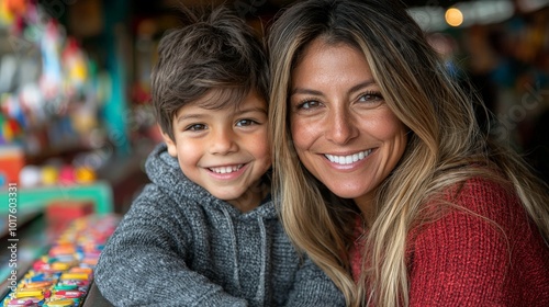 A joyful moment between a woman and a child, showcasing happiness and connection.