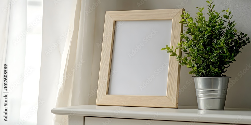 Close-up of an empty light wooden frame on top of a white dresser, with a plant, natural lighting, bright, neutral tones, generative ai
