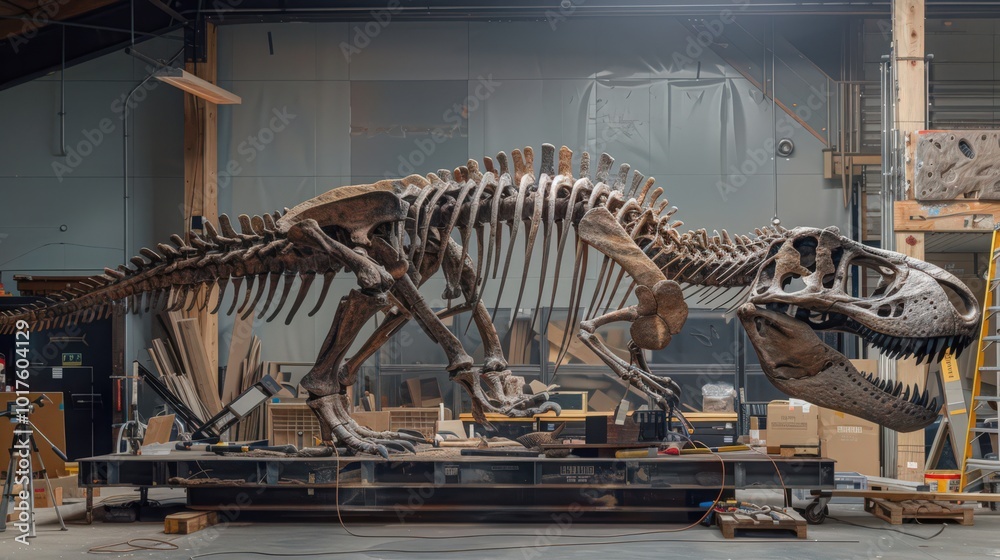 Detailed view of a dinosaur restoration project, featuring the steps involved in reconstructing incomplete fossil skeletons and mounting them for display. Detailed view of a dinosaur restoration project, featuring the steps involved in reconstructing incomplete fossil skeletons and mounting them for display.