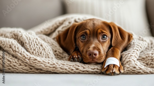 A cute brown puppy resting peacefully under a cozy blanket, showcasing its big eyes and gentle demeanor