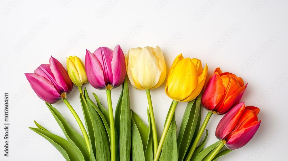 Colorful tulips in pink, yellow, and red on a white isolate background. Colorful tulips in pink, yellow, and red on a white isolate background.