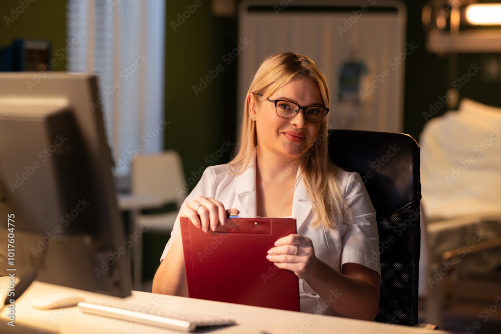 Holding a folder, the doctor employs the computer to guide the patient through proper medication management. Holding a folder, the doctor employs the computer to guide the patient through proper medication management.