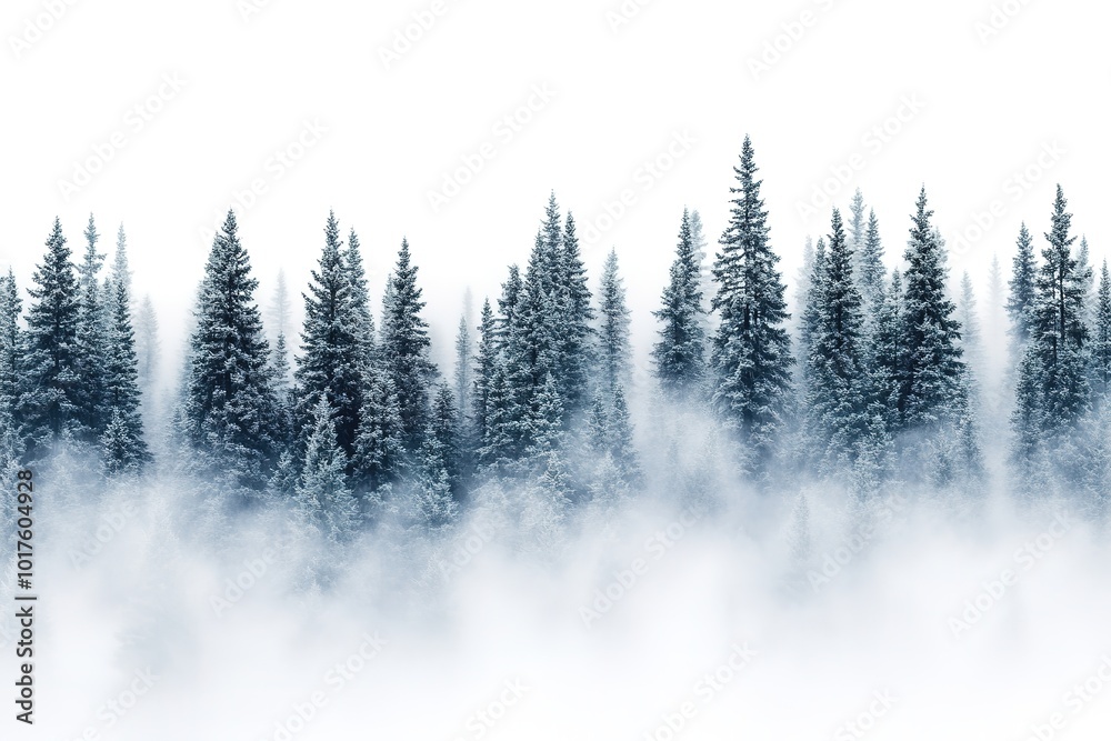 Fototapeta premium Misty forest landscape with snow-covered pines.