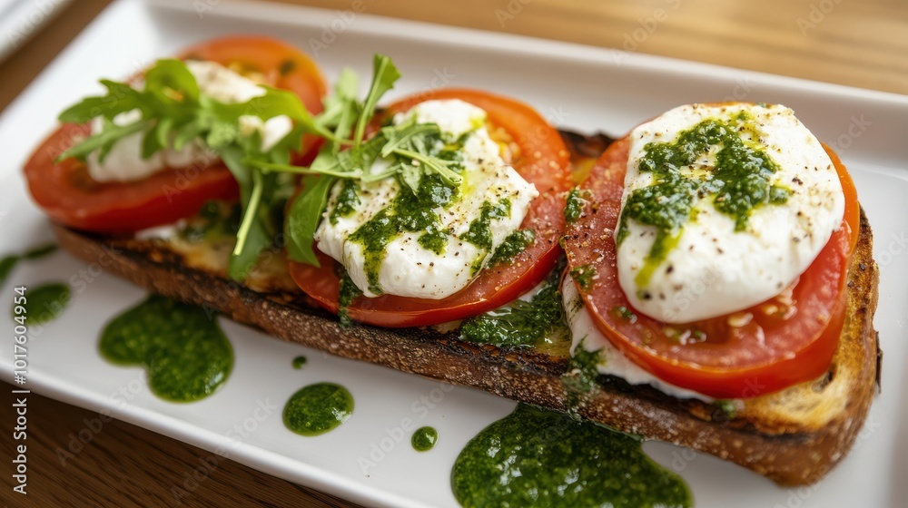 Burrata on toast with tomatoes and arugula on a fuzzy background Burrata on toast with tomatoes and arugula on a fuzzy background