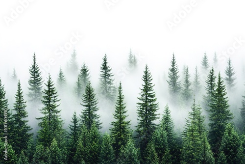 Misty pine forest landscape with fog