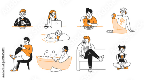 Young people addicted to smartphones color line vector icon set. Adults eating working bathing and relaxing with phones characters on white