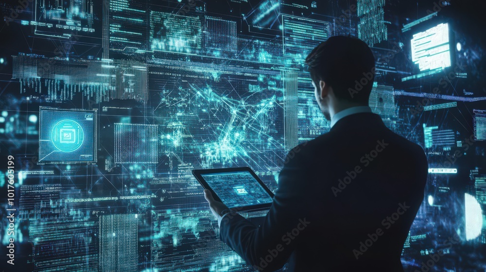 Digital tablets aid a businessman in applying blockchain technology and data encryption, integrating AI and data science for enhanced data protection. Digital tablets aid a businessman in applying blockchain technology and data encryption, integrating AI and data science for enhanced data protection.