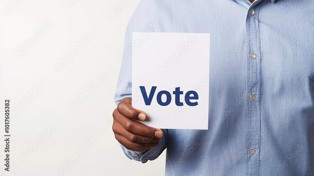 Person holds a sign promoting voting on a white background. Person holds a sign promoting voting on a white background.