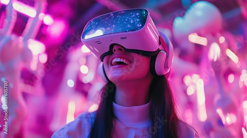 A delighted young woman experiencing the metaverse in a VR headset, surrounded by immersive 3D environments and colorful digital avatars