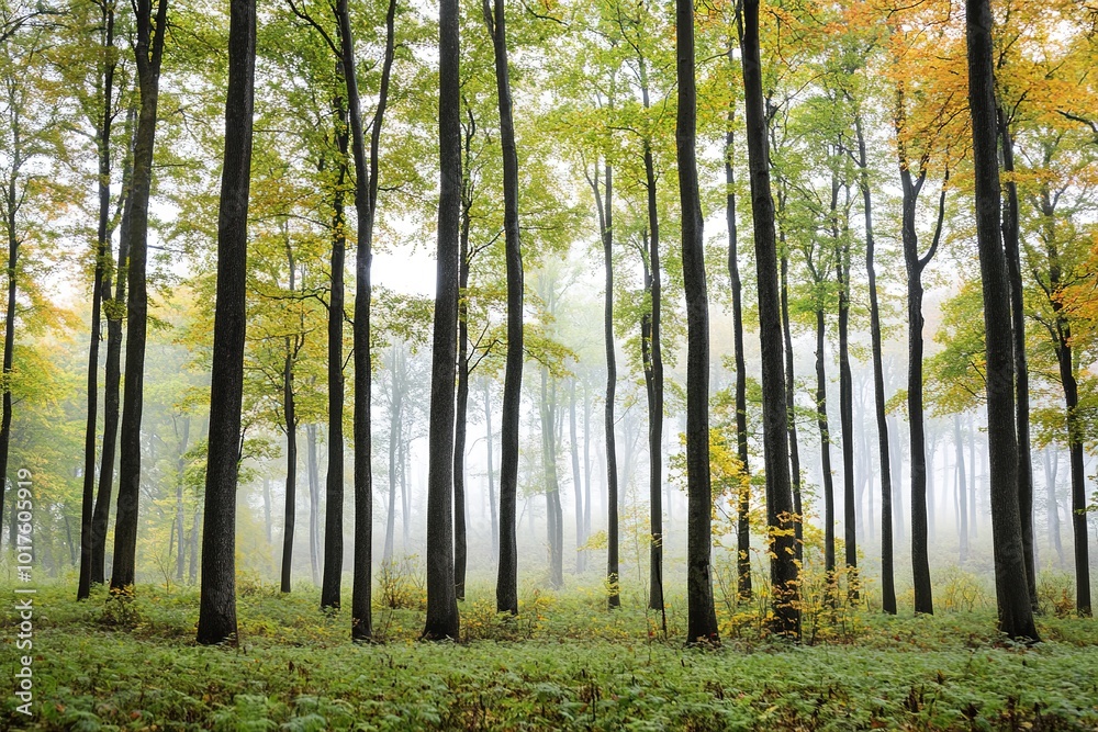 Fototapeta premium Misty forest scene with sunlight filtering through trees