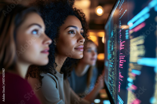 A diverse group of women in tech working together on a coding project, with monitors displaying complex code and algorithms. photo