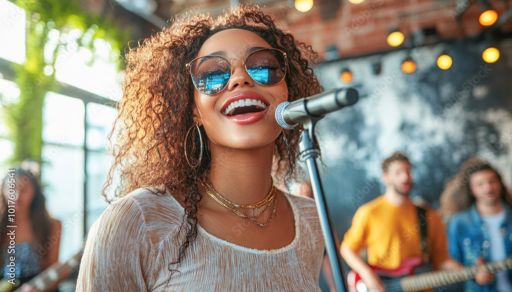 Young woman singing with band in a pub Young woman singing with band in a pub