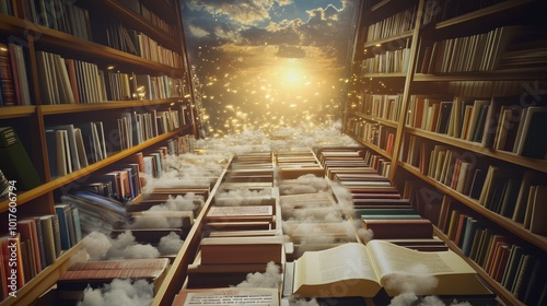 Infinite library shelves extending to the horizon, books flutter like birds, glowing rivers of text flow freely, ethereal lighting, mystic atmosphere, mystic library, surreal fantasy