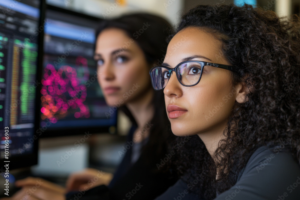 A group of women in science leadership roles collaborating on a cutting-edge research project, analyzing data on multiple monitors. A group of women in science leadership roles collaborating on a cutting-edge research project, analyzing data on multiple monitors.