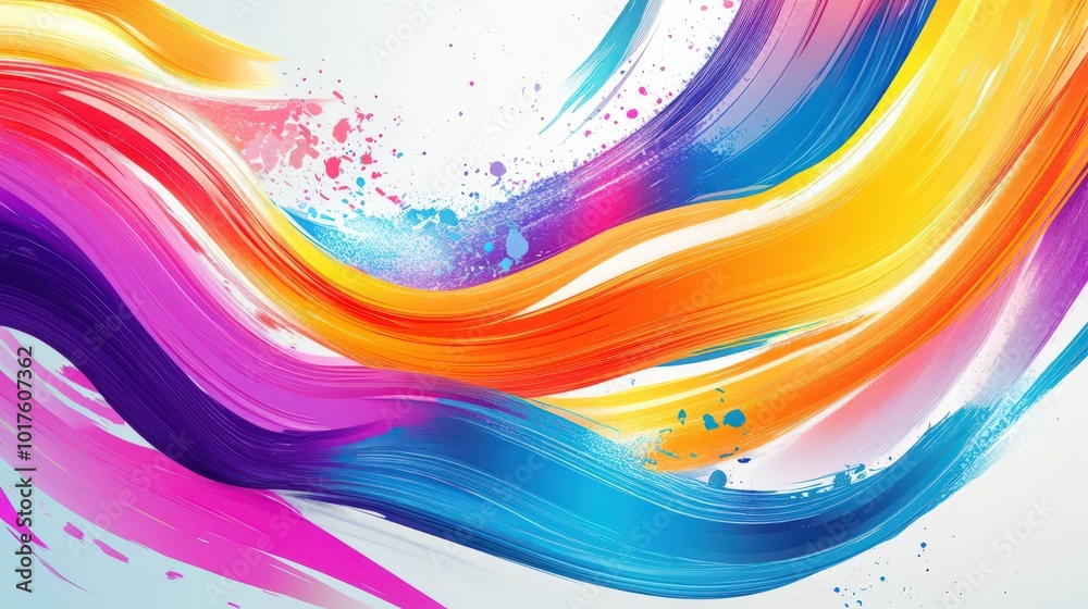 Dynamic ribbon strokes in vibrant colors blend seamlessly into an abstract wave and splash background. Dynamic ribbon strokes in vibrant colors blend seamlessly into an abstract wave and splash background.