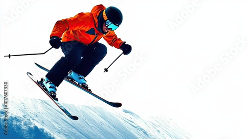 A skier in orange jacket and helmet flying through the air on skis photo