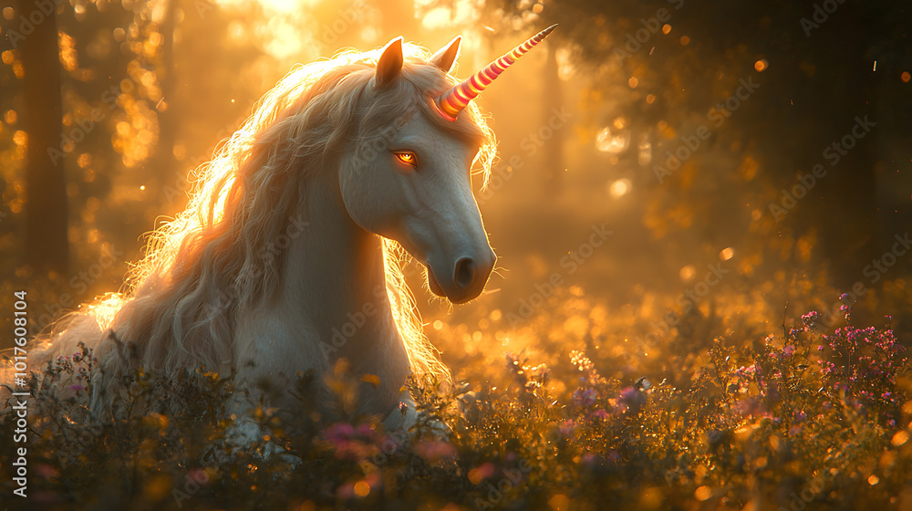 A realistic photo of a unicorn in the magical forest with glowing ...