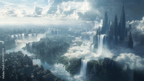 A magical city of shimmering silver rivers, cascading waterfall skyscrapers, and floating cloud rafts beneath an upside-down rainfall. Ethereal and dreamlike
