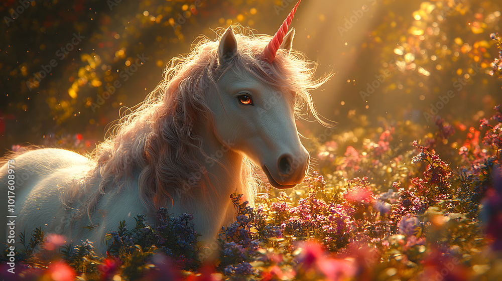 A realistic photo of a unicorn in the magical forest with glowing ...
