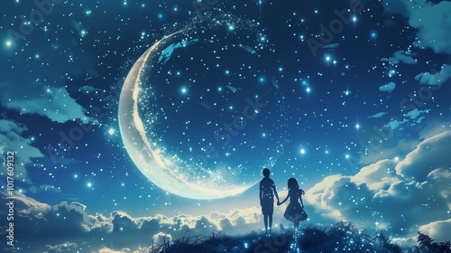  Night scenery showing a brother and sister holding hands walking above the sky with the crescent in the starry night, digital art style, illustration.
