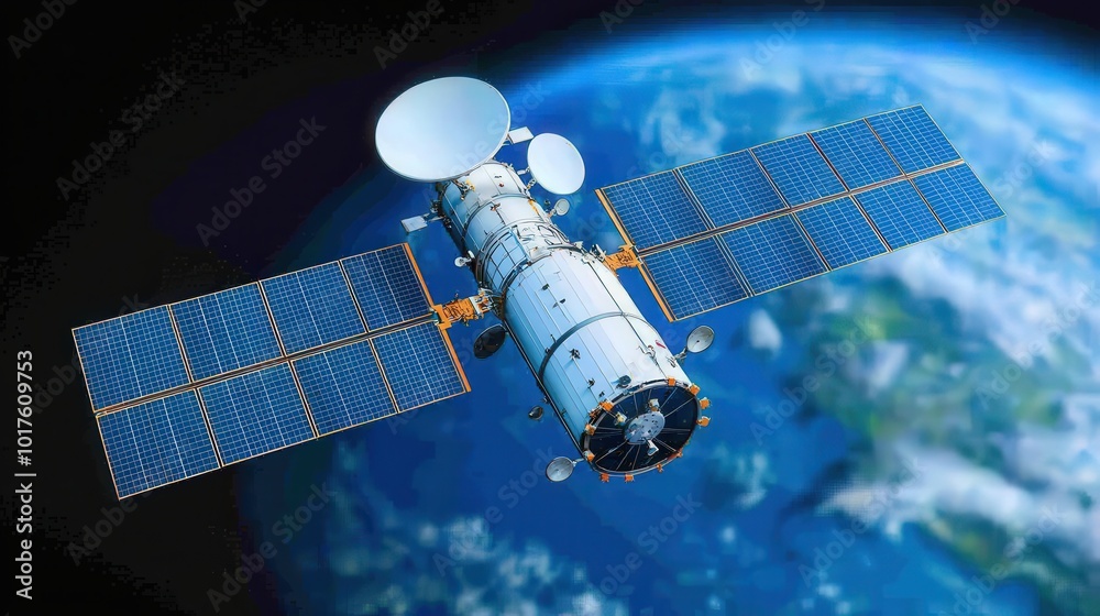 Obraz premium Satellite in Orbit Over Earth Space Technology Communication Solar Panels Antenna