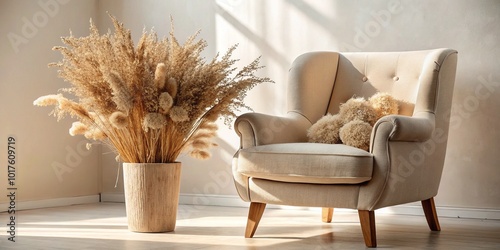 Cozy Beige Chair with Dried Flowers in Modern Living Room - Minimalist Design for Tranquility and Warmth