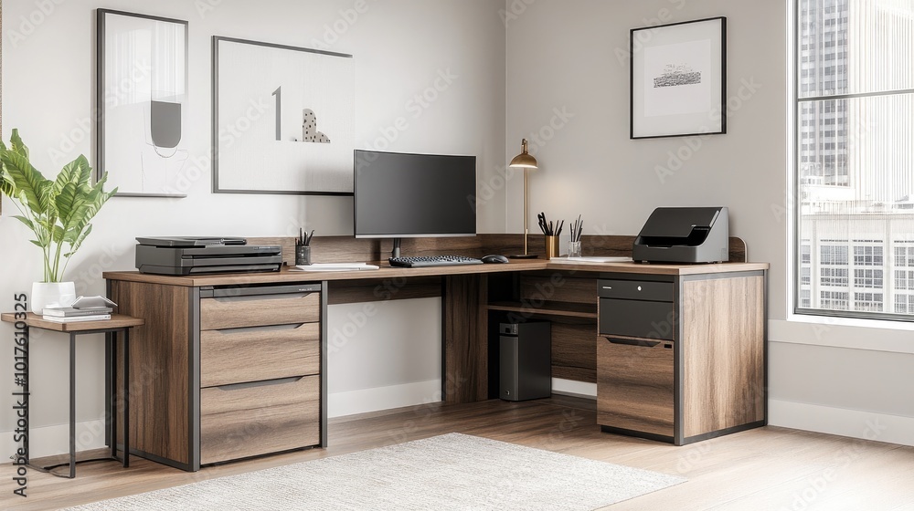 Modern Workspace with Wood Desk and Large Windows Modern Workspace with Wood Desk and Large Windows