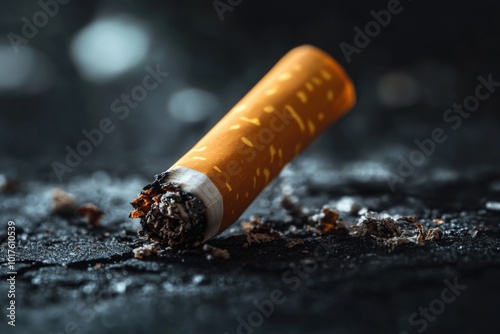 Burnt cigarette butt resting on an ash-covered surface in a dimly lit environment