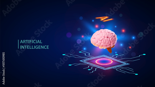 Processor with integration AI. Human brain on neon glowing futuristic background. Digital brain and ai or semiconductor microchip. Artificial intelligence technology Vector.