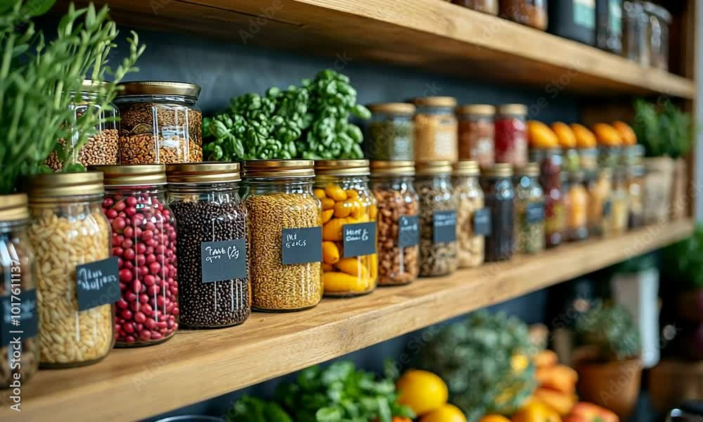 Bulk Food Storage in Glass Jars on Wooden Shelves