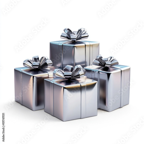 Three silver gift boxes with bows and ribbons on a white background. photo