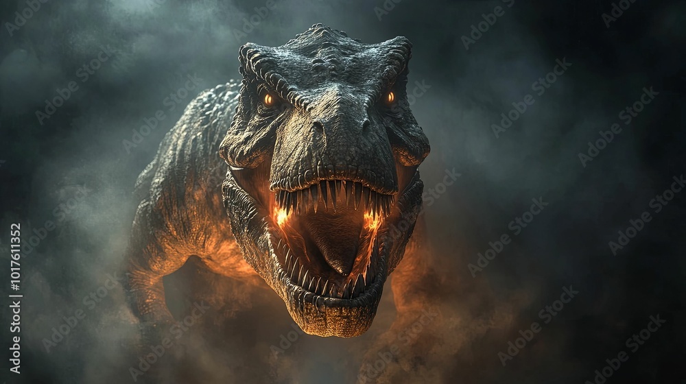 Close-up of a roaring T-Rex with fiery breath and smoke in the background Close-up of a roaring T-Rex with fiery breath and smoke in the background