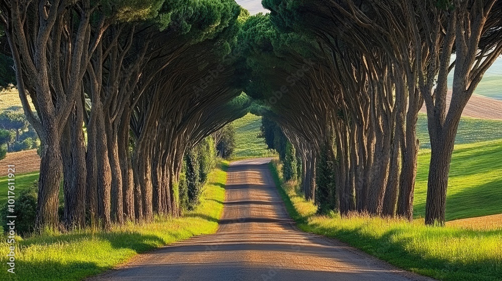 Obraz premium Scenic Tree-Lined Road in Green Landscape