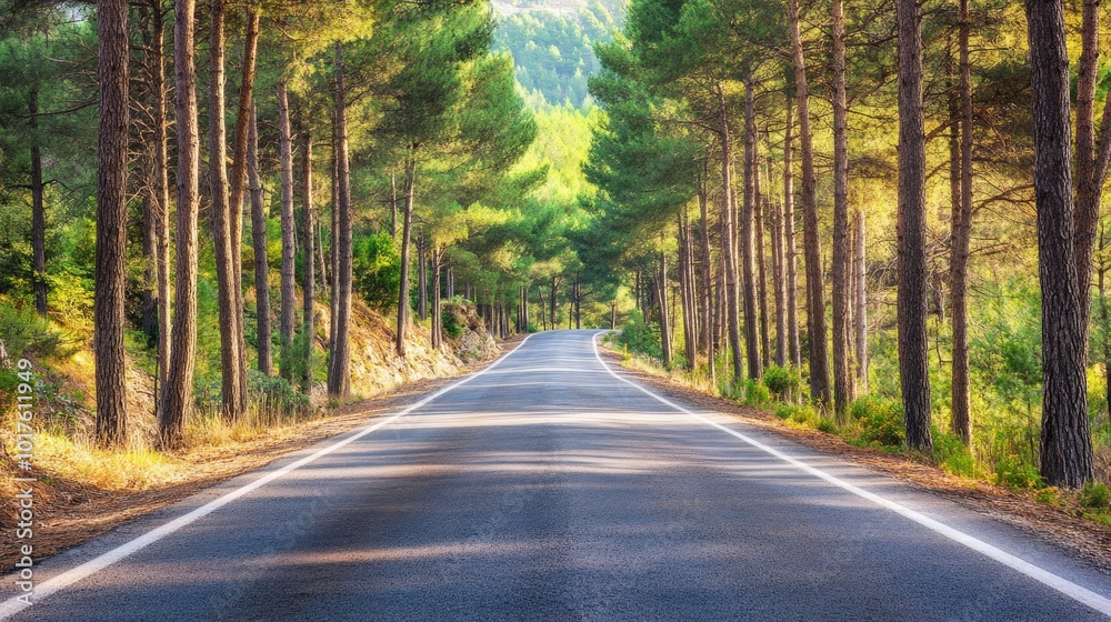 Fototapeta premium Serene Road Through Lush Forest Landscape