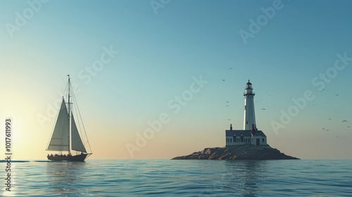 Wallpaper Mural Illustrate a sailboat passing by a historic lighthouse, with its sails fully extended and the lighthouse standing tall against a clear sky Torontodigital.ca