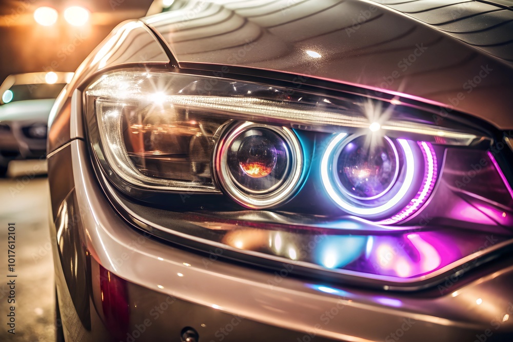 Car headlights with light rays and copy space, banner. Neon purple and blue light of car headlights on a dark background, panorama, close up . Car headlights with light rays and copy space, banner. Neon purple and blue light of car headlights on a dark background, panorama, close up .