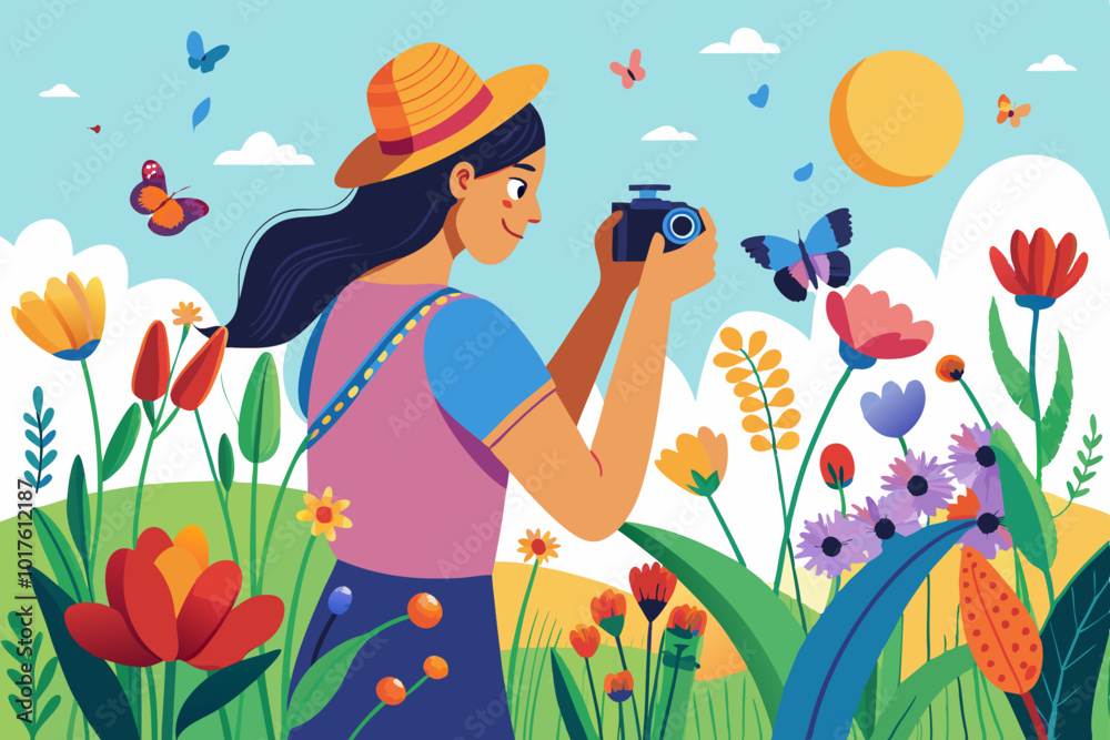 A female professional photographer is taking a picture of butterflies on flowers Editable all layer vector illustration A female professional photographer is taking a picture of butterflies on flowers Editable all layer vector illustration