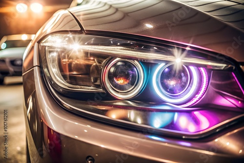 Car headlights with light rays and copy space, banner. Neon purple and blue light of car headlights on a dark background, panorama, close up .