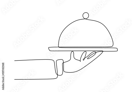 Continuous line drawing of a hand with a food platter. Simplified design for dining experiences and culinary art.