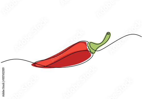 Continuous line drawing of a red chili pepper. Minimalist design for spices and culinary themes.