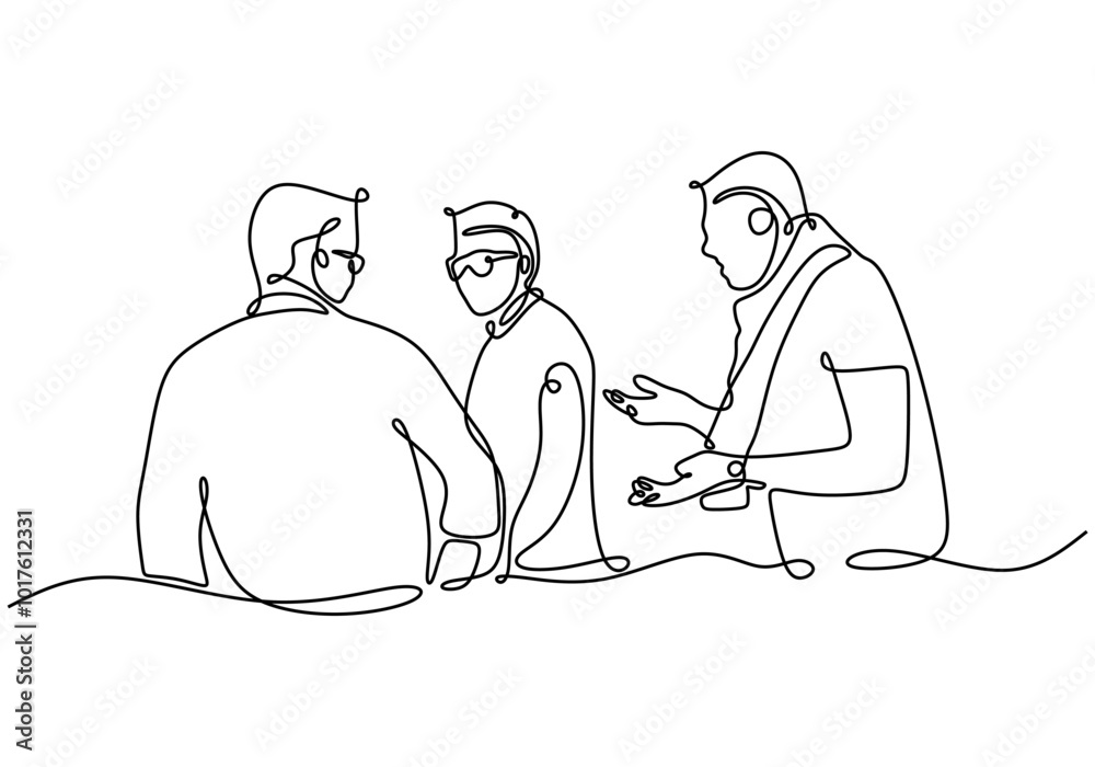 One continuous line drawing of three men chatting. Minimalist design for friendship and social interaction.