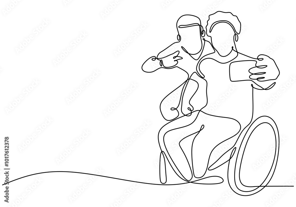Disabled person and friend taking a selfie in one continuous line drawing. Minimalist design for inclusivity and empowerment. Disabled person and friend taking a selfie in one continuous line drawing. Minimalist design for inclusivity and empowerment.