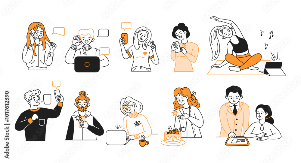 People using laptops smartphones and tablets color line vector icons set. Adults with digital devices for different purposes characters collection People using laptops smartphones and tablets color line vector icons set. Adults with digital devices for different purposes characters collection