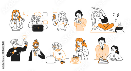 People using laptops smartphones and tablets color line vector icons set. Adults with digital devices for different purposes characters collection