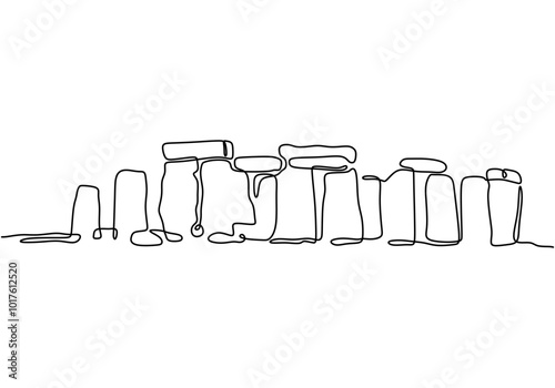 Continuous line drawing of Stonehenge in England. Minimalist design for ancient history and cultural heritage.