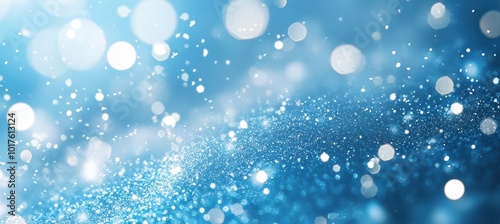 Bright Snowflakes and Glitter on Light Blue Blurred Backdrop