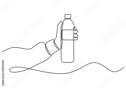 Hand holding a bottle of mineral water in one continuous line drawing. Minimalist design for hydration and wellness themes.